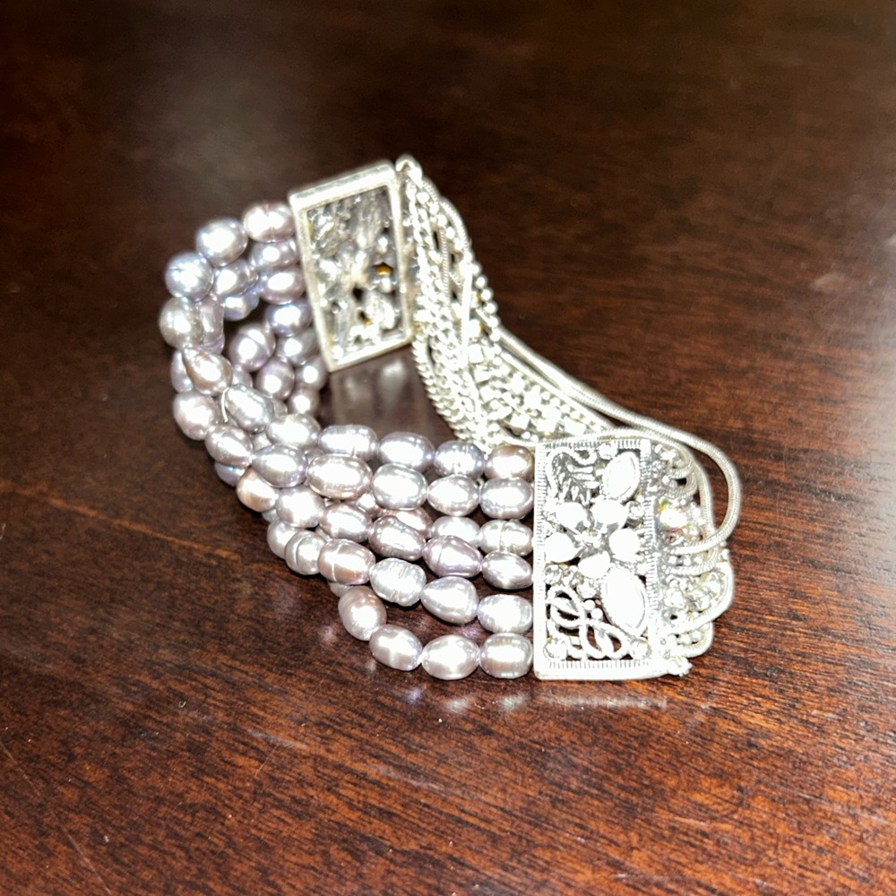 .925 Sterling Silver and Rice Pearl Bracelet